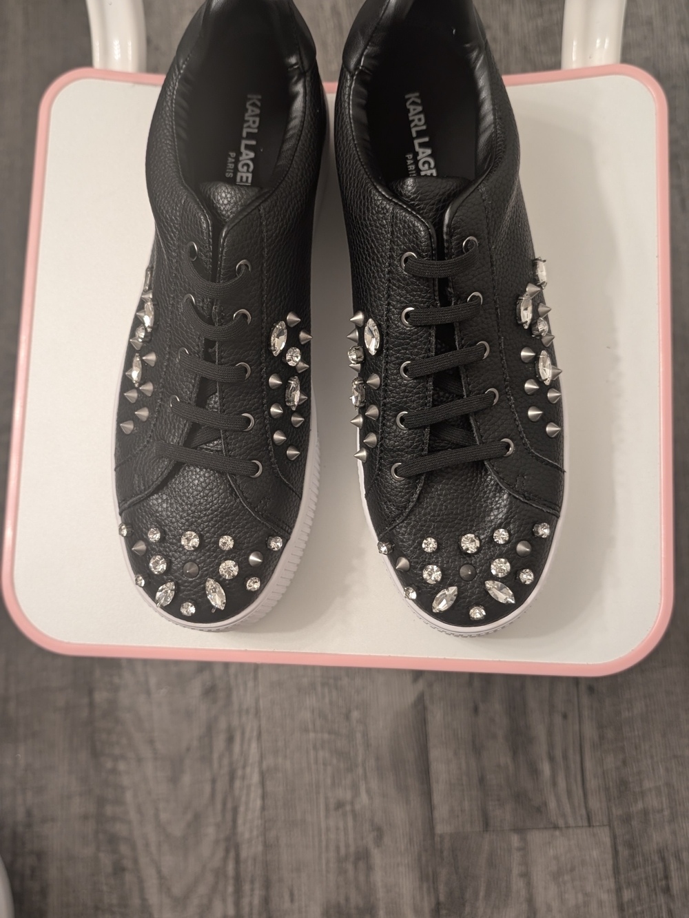 Karl Lagerfeld New Black Leather Sneakers with Crystal & Spike Accents